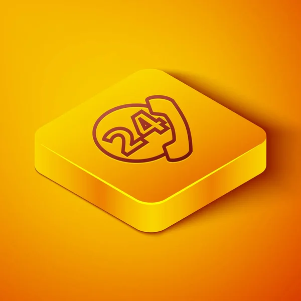 Isometric line Telephone 24 hours support icon isolated on orange background. All-day customer support call-center. Full time call services. Yellow square button. Vector Illustration — Stock Vector