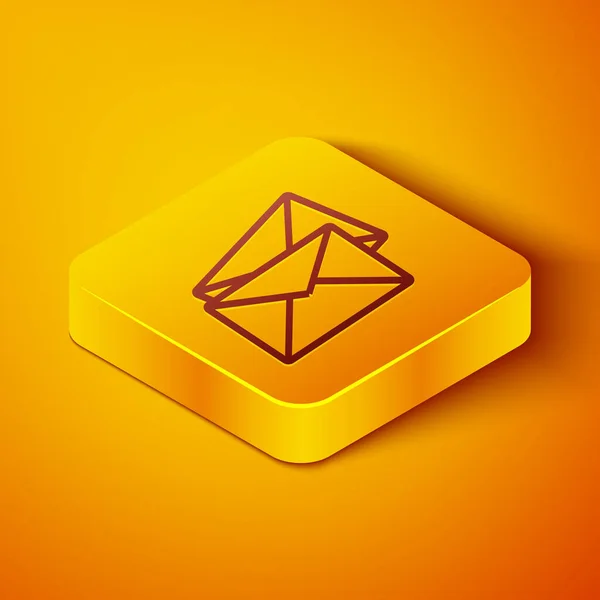 Icono de envolvente de línea isométrica aislado sobre fondo naranja. Mensaje de correo electrónico símbolo de letra. Botón cuadrado amarillo. Ilustración vectorial — Vector de stock