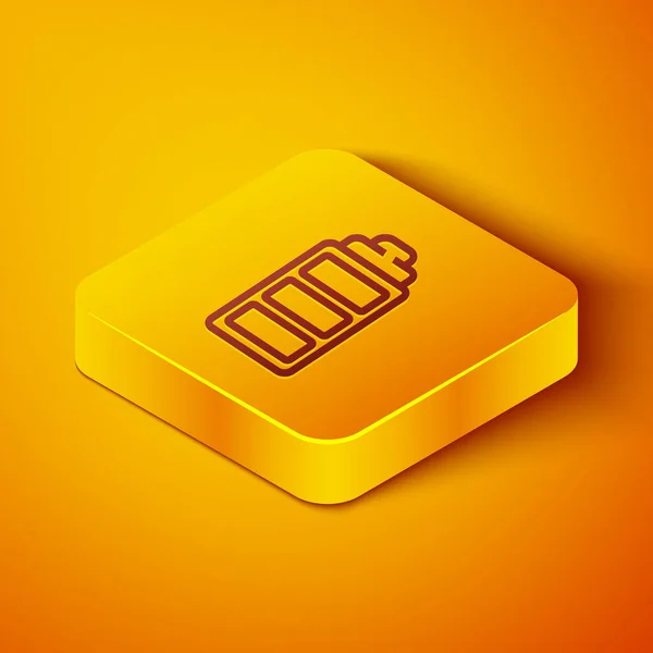Isometric line Battery charge level indicator icon isolated on orange background. Yellow square button. Vector Illustration — Stock Vector