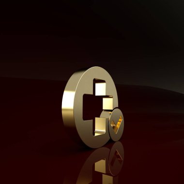 Gold Cross Hastanesi tıp ikonu kahverengi arka planda izole edilmiş. İlk yardım. Teşhis sembolü. İlaç ve eczane işareti. Minimalizm kavramı. 3d illüstrasyon 3d canlandırma