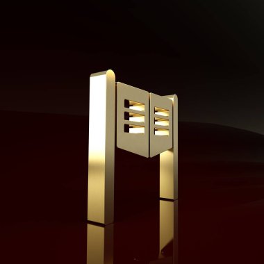 Gold Old Western sallanan salon kapısı simgesi kahverengi arka planda izole edilmiş. Minimalizm kavramı. 3d illüstrasyon 3B canlandırma