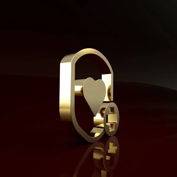 Gold Shield dan ikon detak jantung terisolasi dengan latar belakang coklat. Konsep perlindungan kesehatan. Layanan kesehatan. Konsep minimalisme. Tampilan 3D ilustrasi 3d — Stok Foto