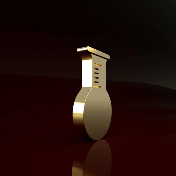 Tubo de teste de ouro e ícone de frasco isolado em fundo marrom. Teste de laboratório químico. Objectos de laboratório. Conceito de minimalismo. 3D ilustração 3D render — Fotografia de Stock