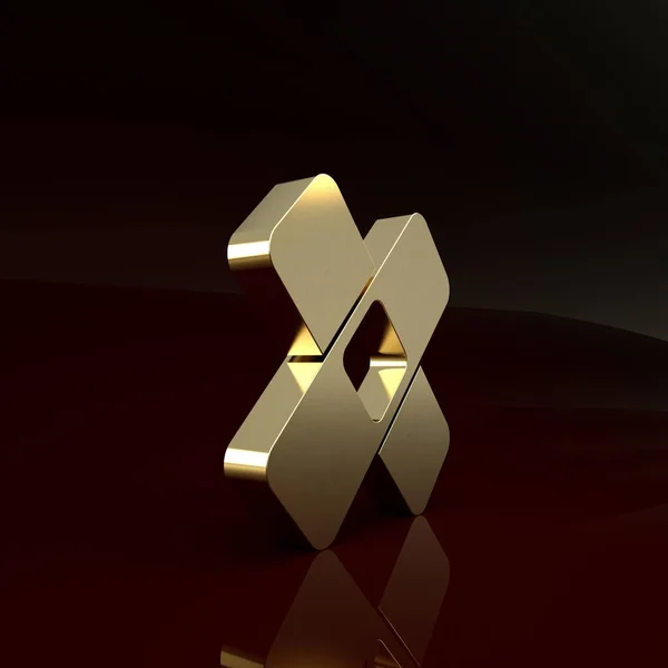 Gold Crossed icona in gesso bendaggio isolato su sfondo marrone. Intonaco medico, benda adesiva, benda flessibile in tessuto. Concetto minimalista. Illustrazione 3d rendering 3D — Foto Stock