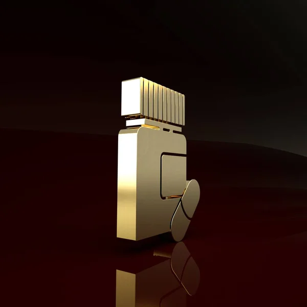 Gold Medicine bottiglia e pillole icona isolata su sfondo marrone. Segno della pillola della bottiglia. Design della farmacia. Concetto minimalista. Illustrazione 3d rendering 3D — Foto Stock