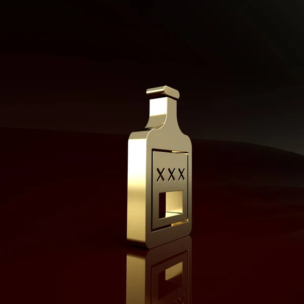 Ícone de garrafa de uísque dourado isolado no fundo marrom. Conceito de minimalismo. 3D ilustração 3D render — Fotografia de Stock