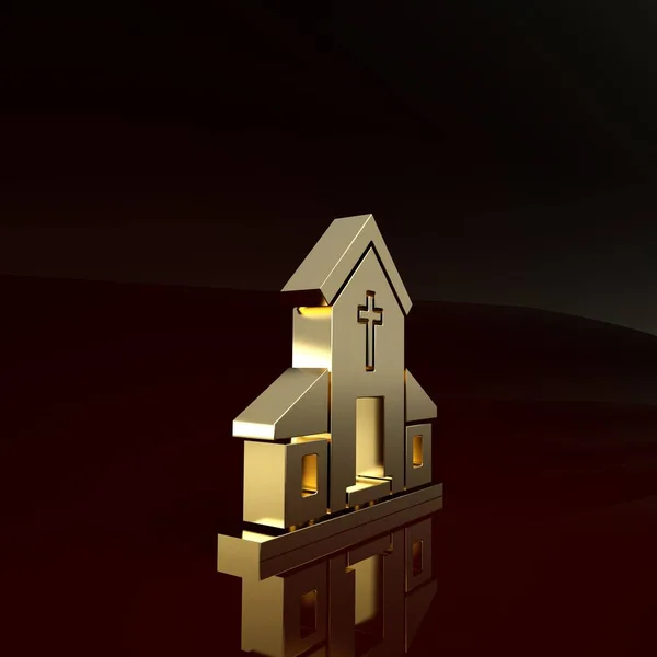 茶色の背景に隔離された金教会の建物のアイコン。キリスト教会。教会の宗教。最小限の概念。3Dイラスト3Dレンダリング — ストック写真