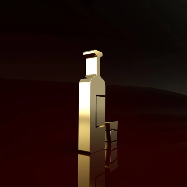 Garrafa de uísque dourado e ícone de vidro isolado no fundo marrom. Conceito de minimalismo. 3D ilustração 3D render — Fotografia de Stock