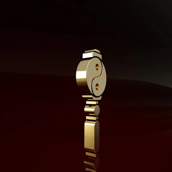 Gold Yin Yang Symbol für Harmonie und Gleichgewicht Ikone isoliert auf braunem Hintergrund. Minimalismus-Konzept. 3D Illustration 3D Renderer — Stockfoto