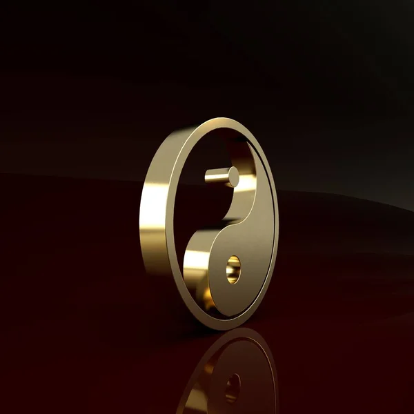 Gold Yin Yang symbol of harmony and balance icon isolated on brown background. Minimalism concept. 3d illustration 3D render