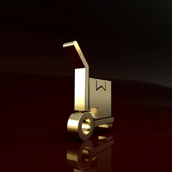 Caminhão de mão de ouro e caixas ícone isolado no fundo marrom. Símbolo Dolly. Conceito de minimalismo. 3D ilustração 3D render — Fotografia de Stock