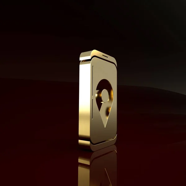 Gold Mobiltelefon mit App Lieferung Tracking-Symbol isoliert auf braunem Hintergrund. Paketverfolgung. Minimalismus-Konzept. 3D Illustration 3D Renderer — Stockfoto