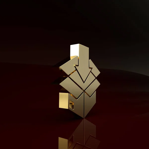Gold Cardboard box with traffic symbol isolated on brown background. Коробка, посылка, посылка. Доставка, транспортировка и доставка. Концепция минимализма. 3D-рендеринг — стоковое фото