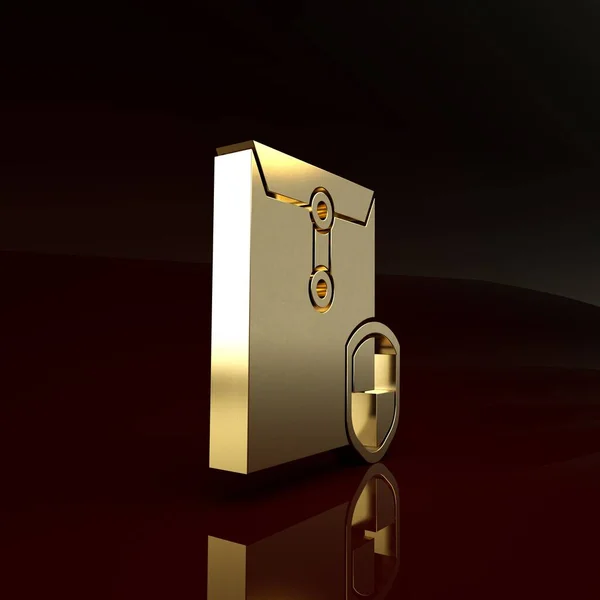 Envelope de ouro com ícone de escudo isolado no fundo marrom. Conceito de seguro. Segurança, segurança, proteção, proteger o conceito. Conceito de minimalismo. 3D ilustração 3D render — Fotografia de Stock