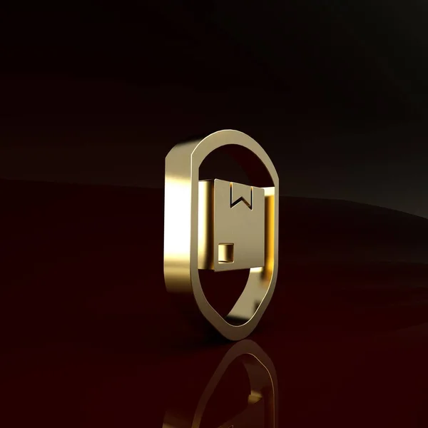 Gold Delivery pack de segurança com ícone de escudo isolado no fundo marrom. Seguro de entrega. Caixas de papelão segurado além do escudo. Conceito de minimalismo. 3D ilustração 3D render — Fotografia de Stock