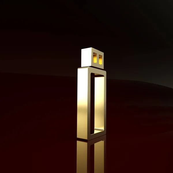 Ikona zlatého USB flash disku izolovaná na hnědém pozadí. Minimalismus. 3D ilustrace 3D vykreslení — Stock fotografie