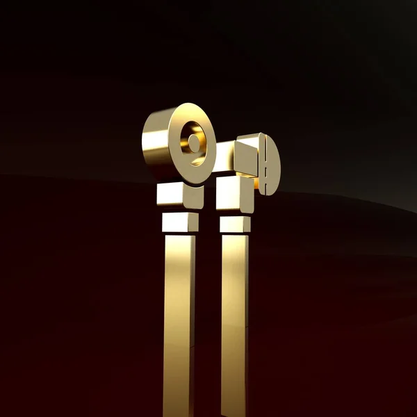 Ikona słuchawek Gold Air na brązowym tle. Uchwyt bezprzewodowy w przypadku słuchawki ozdoba elektroniczny gadżet. Koncepcja minimalizmu. Ilustracja 3D 3D renderowania — Zdjęcie stockowe