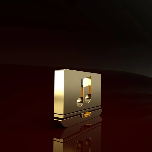 Χρυσό φορητό υπολογιστή με σύμβολο σημείωμα μουσικής στην οθόνη εικονίδιο απομονώνονται σε καφέ φόντο. Μινιμαλιστική έννοια. 3D απεικόνιση 3d καθιστούν — Φωτογραφία Αρχείου