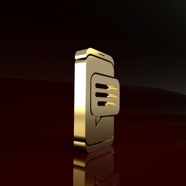 Kahverengi arkaplanda izole edilmiş telefon simgesindeki Gold New chat mesajları bildirimi. Smartphone sohbet mesajları konuşma baloncukları. Minimalizm kavramı. 3d illüstrasyon 3d canlandırma