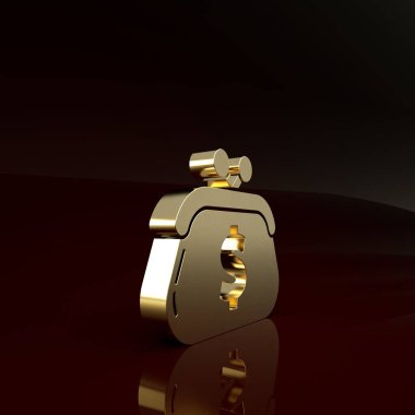 Kahverengi arka planda dolar sembolü olan altın cüzdan. Çanta ikonu. Nakit tasarruf sembolü. Minimalizm kavramı. 3d illüstrasyon 3d canlandırma
