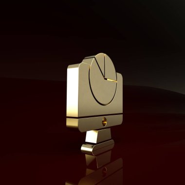 Kahverengi arkaplanda grafik grafik simgesi olan altın bilgisayar monitörü. Metin dosyasını rapor et. Muhasebe tabelası. Denetim, analiz, planlama. Minimalizm kavramı. 3d illüstrasyon 3B canlandırma
