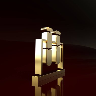 Kahverengi arka planda altın test tüpü ve kimyasal test ikonu izole edildi. Laboratuvar cam levhası. Minimalizm kavramı. 3d illüstrasyon 3B canlandırma