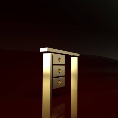Kahverengi arka planda altın ofis masa simgesi izole edildi. Minimalizm kavramı. 3d illüstrasyon 3d canlandırma