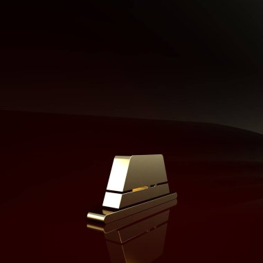 Kahverengi arka planda izole edilmiş kurdele ikonlu altın adam şapkası. Minimalizm kavramı. 3d illüstrasyon 3B canlandırma