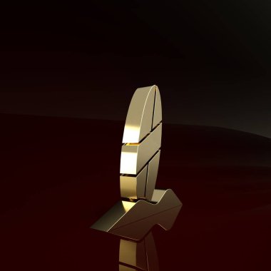 Kahverengi arkaplanda altın sörf tahtası simgesi izole edildi. Sörf tahtası. Olağanüstü bir spor. Spor malzemeleri. Minimalizm kavramı. 3d illüstrasyon 3d canlandırma