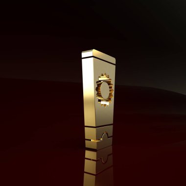 Kahverengi arka planda izole edilmiş tüp ikonunda altın güneş kremi. Cilt için güneş ultraviyole ışığından koruma. Minimalizm kavramı. 3d illüstrasyon 3B canlandırma