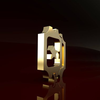 Kahverengi arka planda izole edilmiş altın sinema bileti ikonu. Minimalizm kavramı. 3d illüstrasyon 3d canlandırma