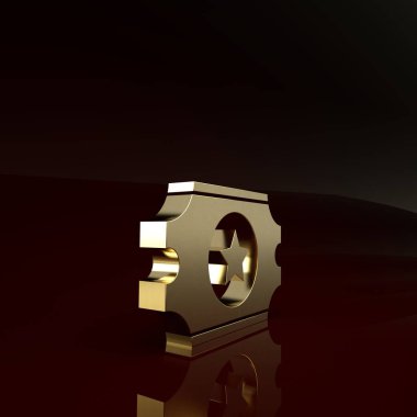 Kahverengi arka planda izole edilmiş altın sinema bileti ikonu. Minimalizm kavramı. 3d illüstrasyon 3d canlandırma