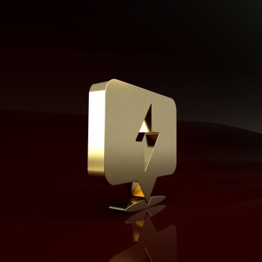 Altın Yıldırım simgesi kahverengi arka planda izole edildi. Flaş ikonu. Flaş ikonunu yükle. Gök gürültüsü. Yıldırım çarpması. Minimalizm kavramı. 3d illüstrasyon 3d canlandırma