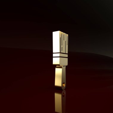 Kahverengi arkaplanda altın boya fırçası simgesi izole edildi. Minimalizm kavramı. 3d illüstrasyon 3B canlandırma