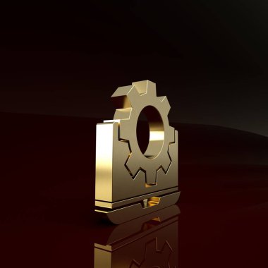Altın dizüstü bilgisayar ve vites simgesi kahverengi arka planda izole edildi. Uygulama ayarlanıyor, seçenekler ayarlanıyor, bakım, onarım, onarım. Minimalizm kavramı. 3d illüstrasyon 3B canlandırma