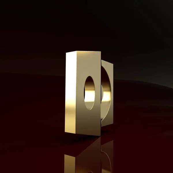 Goldschallplattenspieler mit einem Schallplattensymbol isoliert auf braunem Hintergrund. Minimalismus-Konzept. 3D Illustration 3D Renderer — Stockfoto