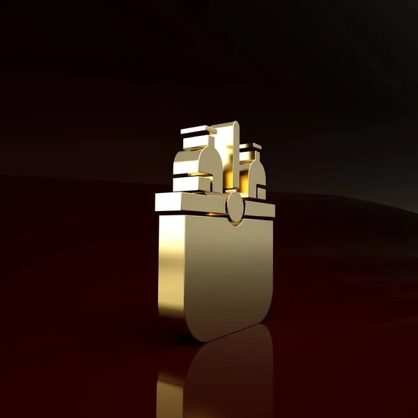 Gold Cooler väska och vatten ikon isolerad på brun bakgrund. Bärbar fryspåse. Handhållet kylskåp. Minimalistiskt koncept. 3D-illustration 3D-återgivning — Stockfoto