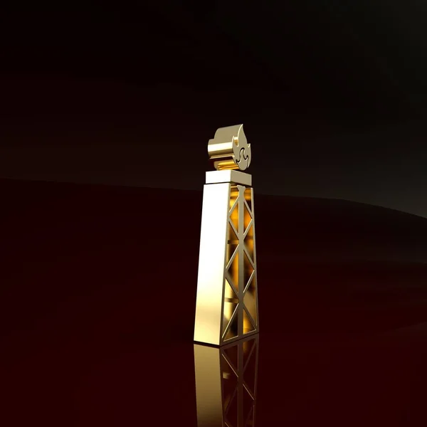 Gold Oil plošina s ikonou požáru izolované na hnědém pozadí. Plynová věž. Průmyslový objekt. Minimalismus. 3D ilustrace 3D vykreslení — Stock fotografie