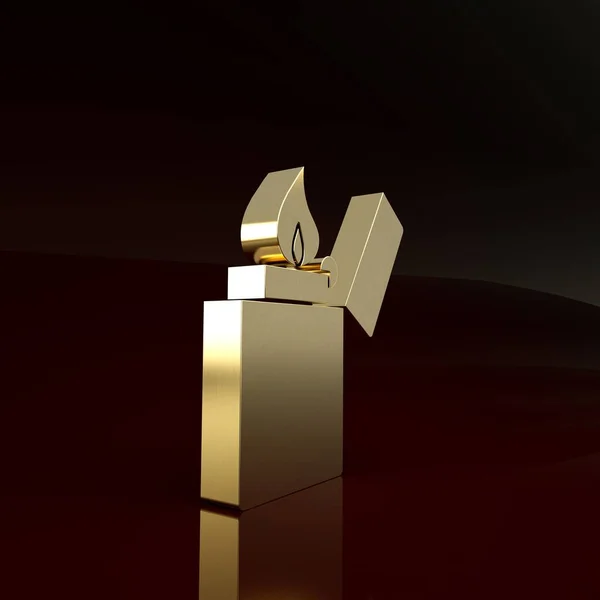 Icono del encendedor dorado aislado sobre fondo marrón. Concepto minimalista. 3D ilustración 3D render — Foto de Stock