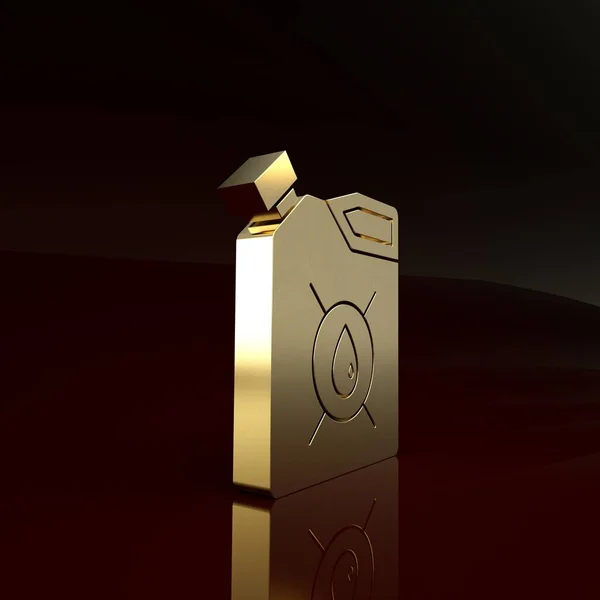 Gold kanystr pro motorový olej ikona izolované na hnědém pozadí. Olejový galon. Služba výměny oleje a opravy. Značka motorového oleje. Minimalismus. 3D ilustrace 3D vykreslení — Stock fotografie