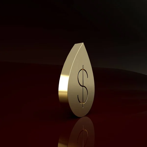 Gota de aceite de oro con icono de símbolo de dólar aislado sobre fondo marrón. Concepto minimalista. 3D ilustración 3D render — Foto de Stock