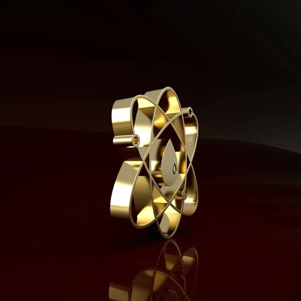 Icona Gold Atom isolata su sfondo marrone. Simbolo di scienza, educazione, fisica nucleare, ricerca scientifica. Concetto minimalista. Illustrazione 3d rendering 3D — Foto Stock
