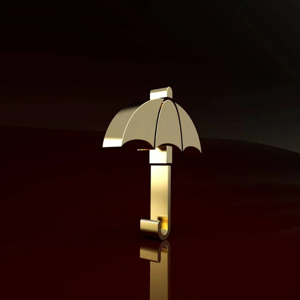 Gold Classic elegante icona ad ombrello aperto isolato su sfondo marrone. Simbolo di protezione antipioggia. Concetto minimalista. Illustrazione 3d rendering 3D — Foto Stock