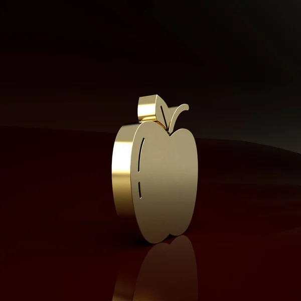 Ikona Gold Apple izolované na hnědém pozadí. Ovoce se symbolem listu. Minimalismus. 3D ilustrace 3D vykreslení — Stock fotografie