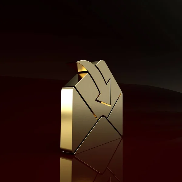 Icono de sobre dorado aislado sobre fondo marrón. Concepto de mensaje recibido. Nuevo, mensaje entrante de correo electrónico, sms. Servicio de entrega de correo. Concepto minimalista. 3D ilustración 3D render — Foto de Stock