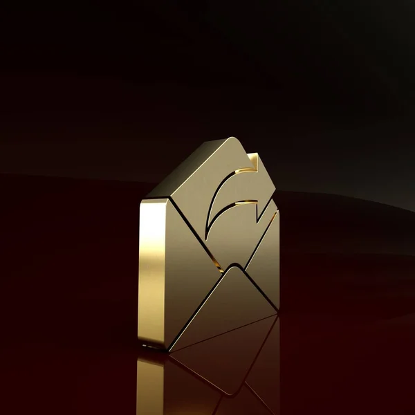 Gold Icono de correo saliente aislado sobre fondo marrón. Símbolo de sobre. Mensaje saliente. Botón de navegación por correo. Concepto minimalista. 3D ilustración 3D render —  Fotos de Stock