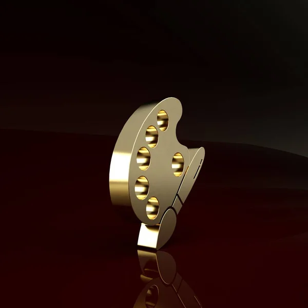 Goldpinsel mit Palettensymbol isoliert auf braunem Hintergrund. Minimalismus-Konzept. 3D Illustration 3D Renderer — Stockfoto