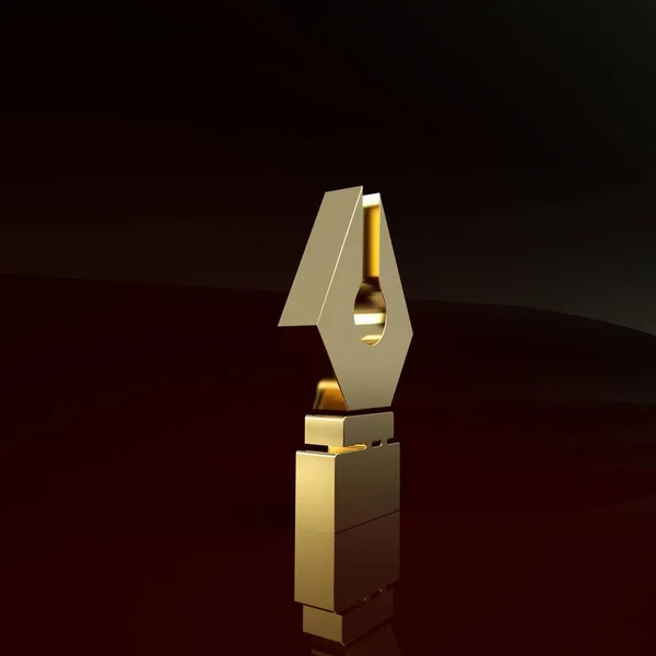 Gold-Füllfederhalter-Symbol isoliert auf braunem Hintergrund. Stift-Werkzeug-Zeichen. Minimalismus-Konzept. 3D Illustration 3D Renderer — Stockfoto