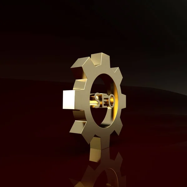 Marcador Seo dourado com ícone de roda de engrenagem isolado no fundo marrom. Conceito de minimalismo. 3D ilustração 3D render — Fotografia de Stock