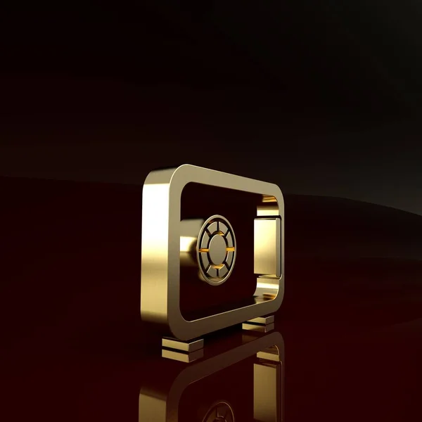 Ícone Gold Safe isolado no fundo marrom. O cofre da porta um cofre de banco com uma fechadura de combinação. Proteção de dados confiável. Conceito de minimalismo. 3D ilustração 3D render — Fotografia de Stock